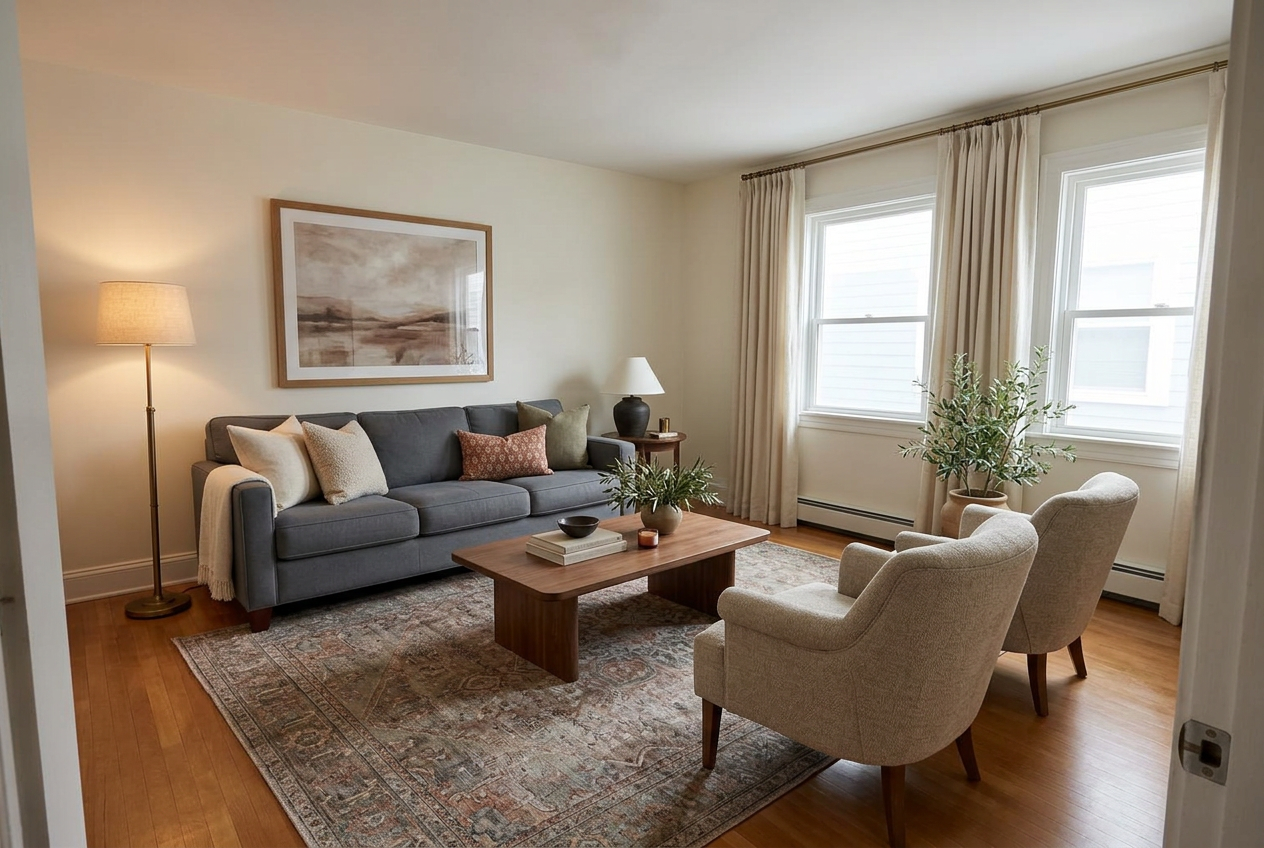 The same living room after its Edit: the same gray sofa and oak floors with a large faded terracotta Persian rug, walnut coffee table, a matched pair of oatmeal linen chairs, floor-length linen drapery, a three-piece framed gallery above the sofa, a brass floor lamp and a ceramic table lamp
