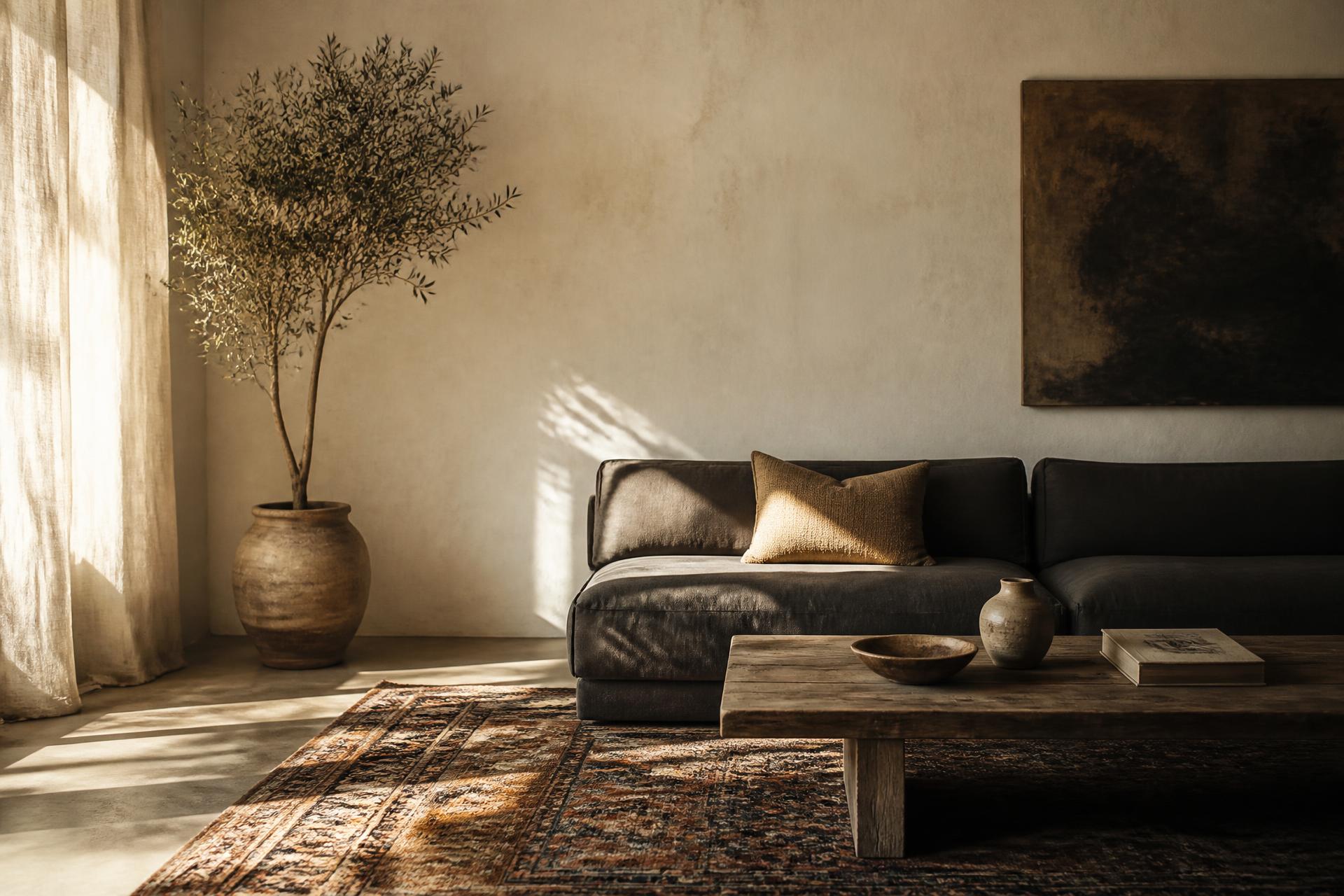 A sunlit living room with a low charcoal sofa, patterned rug and an olive tree in a clay pot