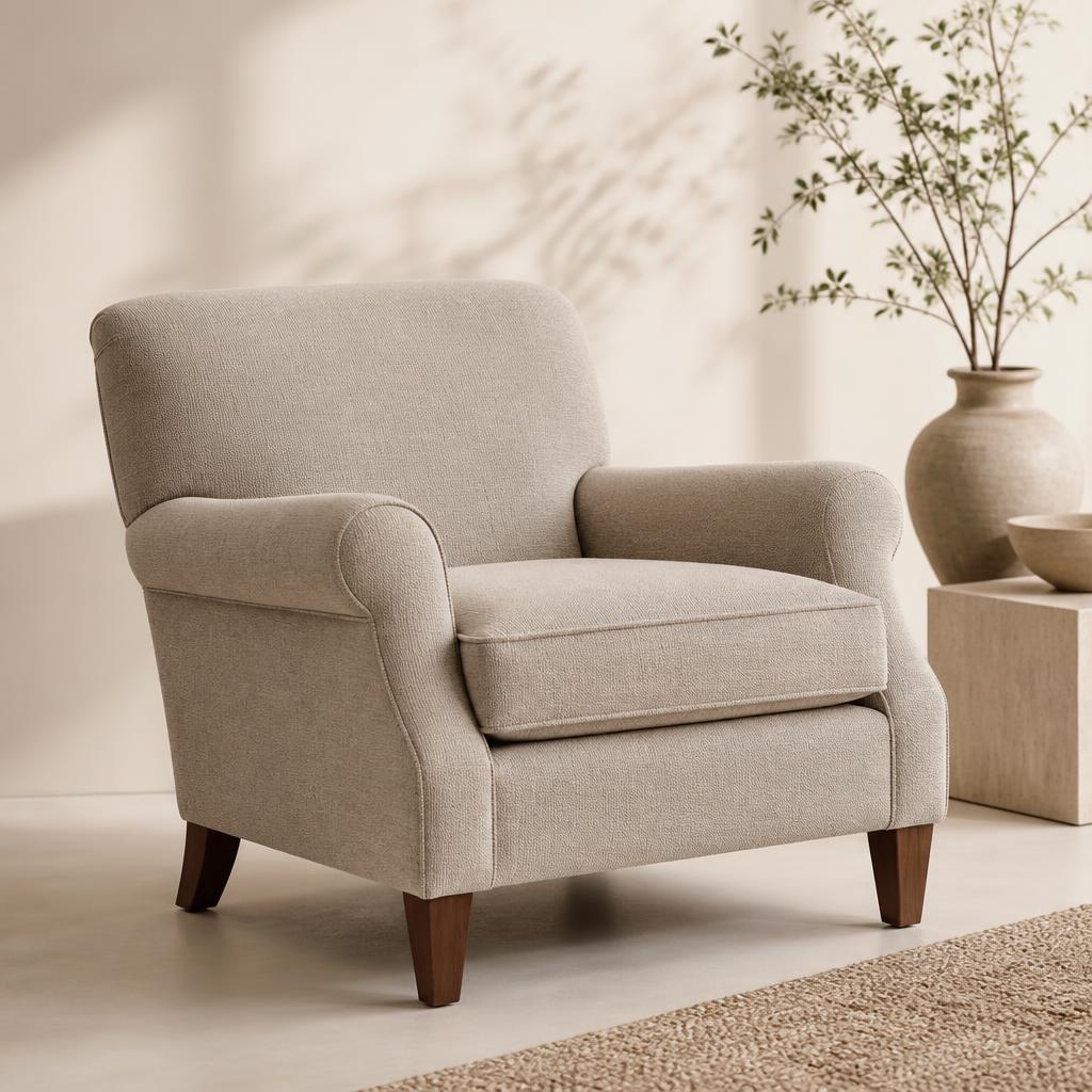 Accent chairs — pair — Low tailored lounge chair with soft rolled arms, bought as a pair