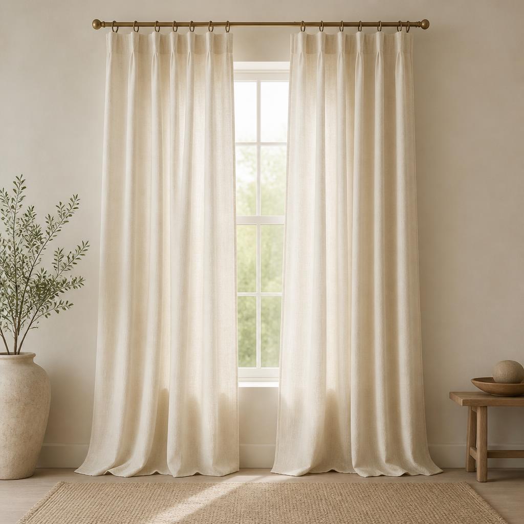 Drapery — Full-height pinch-pleat panels, mounted at the ceiling and wide of the casings