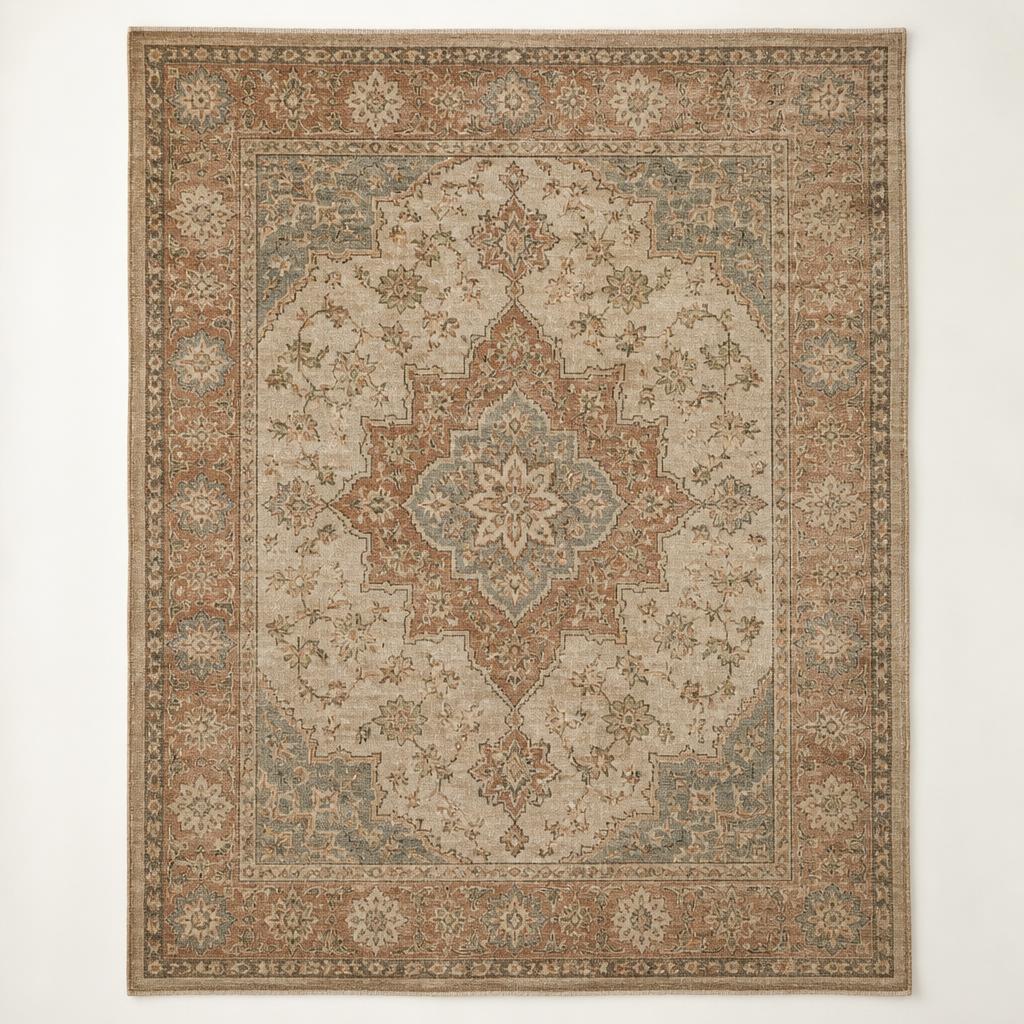 Area rug — Vintage-inspired Persian, low pile, softly faded medallion