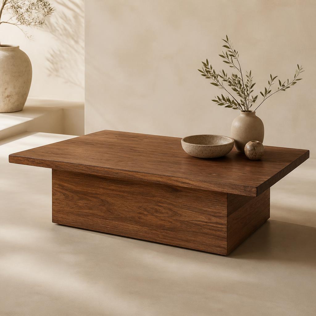 Coffee table — Rectangular plinth-base table with a slim top edge